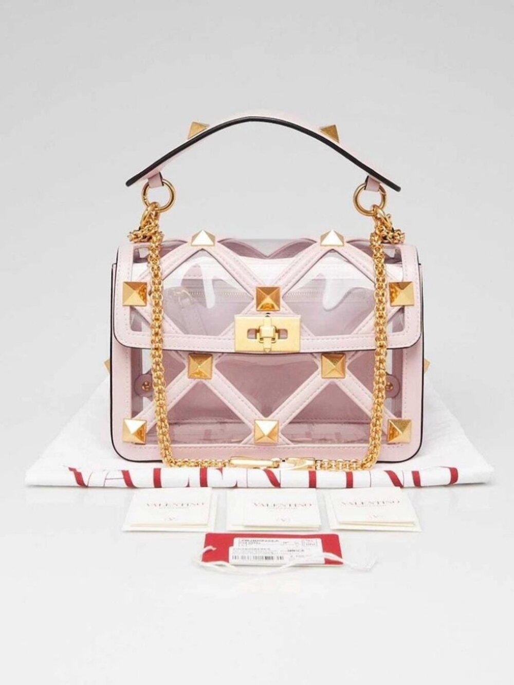 Valentino Rose Quartz Leather and PVC Roman Stud Medium Shoulder Bag - Picture 2 of 9